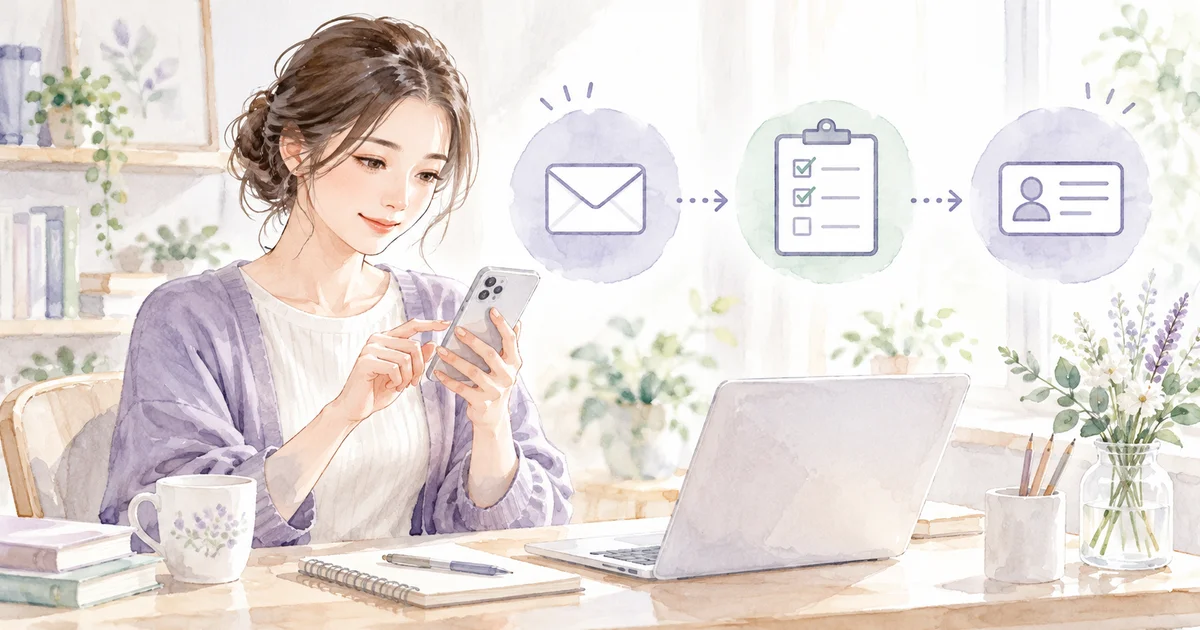 メッセージ受信、登録内容、本人確認の順番を整理する女性のイラスト