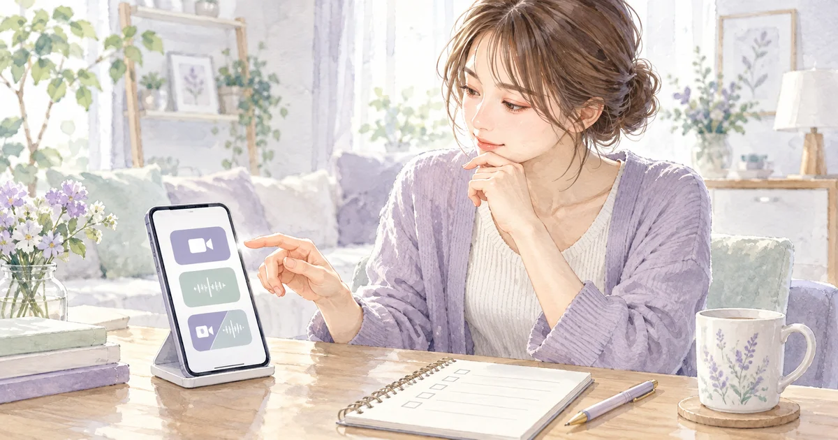 スマートフォンで音声、ビデオ、両方の設定を確認するイラスト