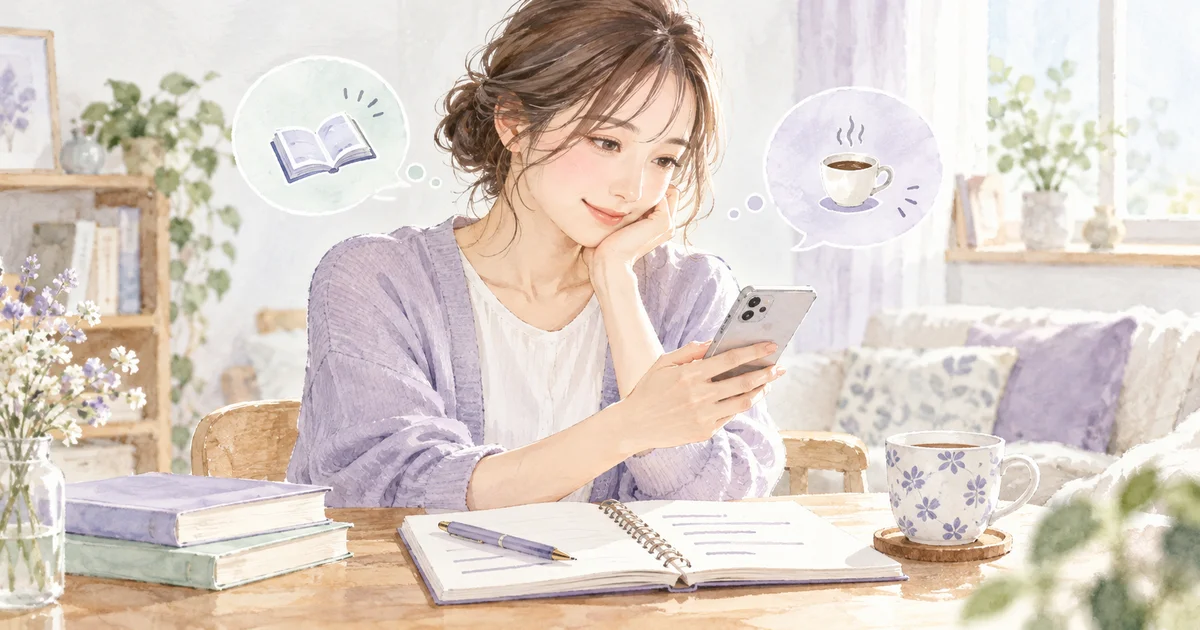 スマートフォンとノートで自己紹介や最初のメッセージを考える女性のイラスト