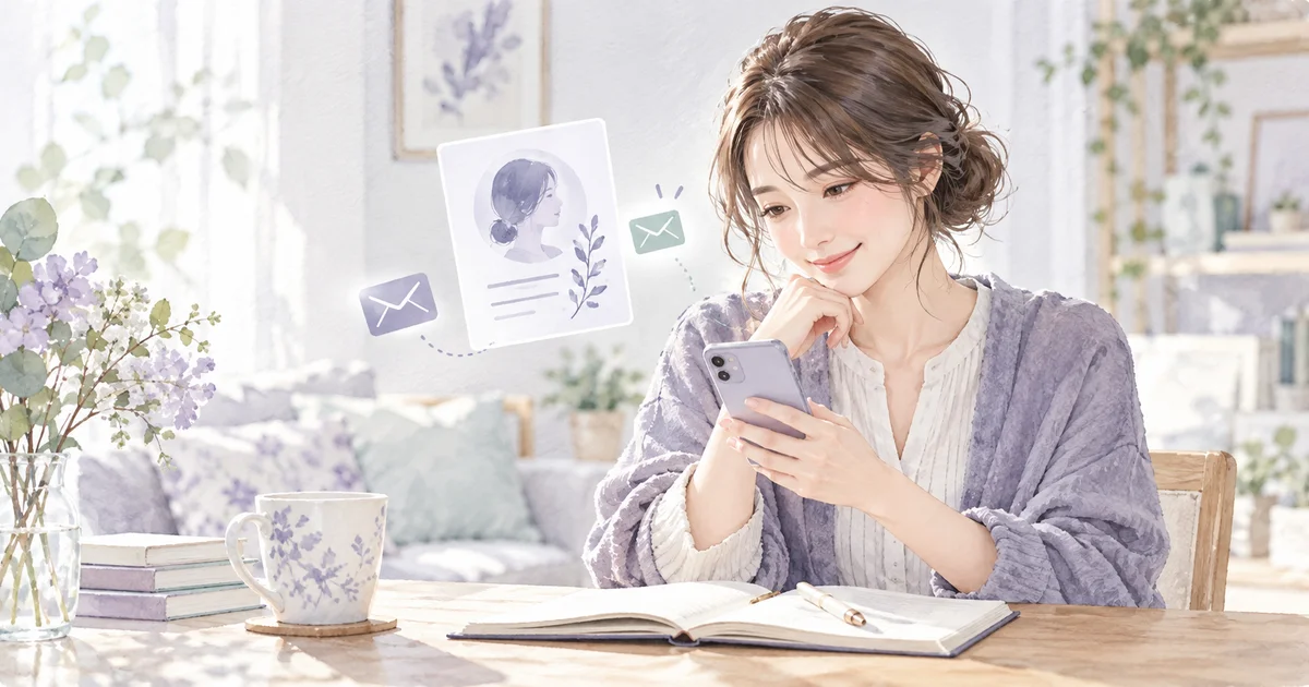 スマートフォンで文章のやり取りとプロフィールを確認する女性のイラスト