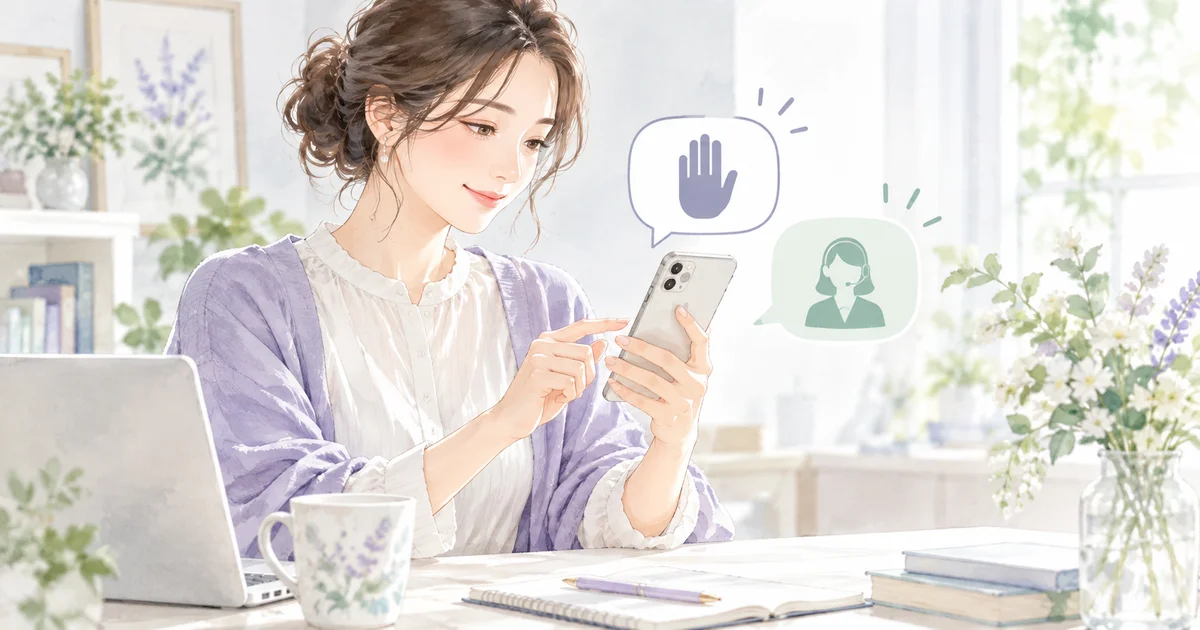 自分の対応範囲と相談先をスマートフォンで確認する女性のイラスト
