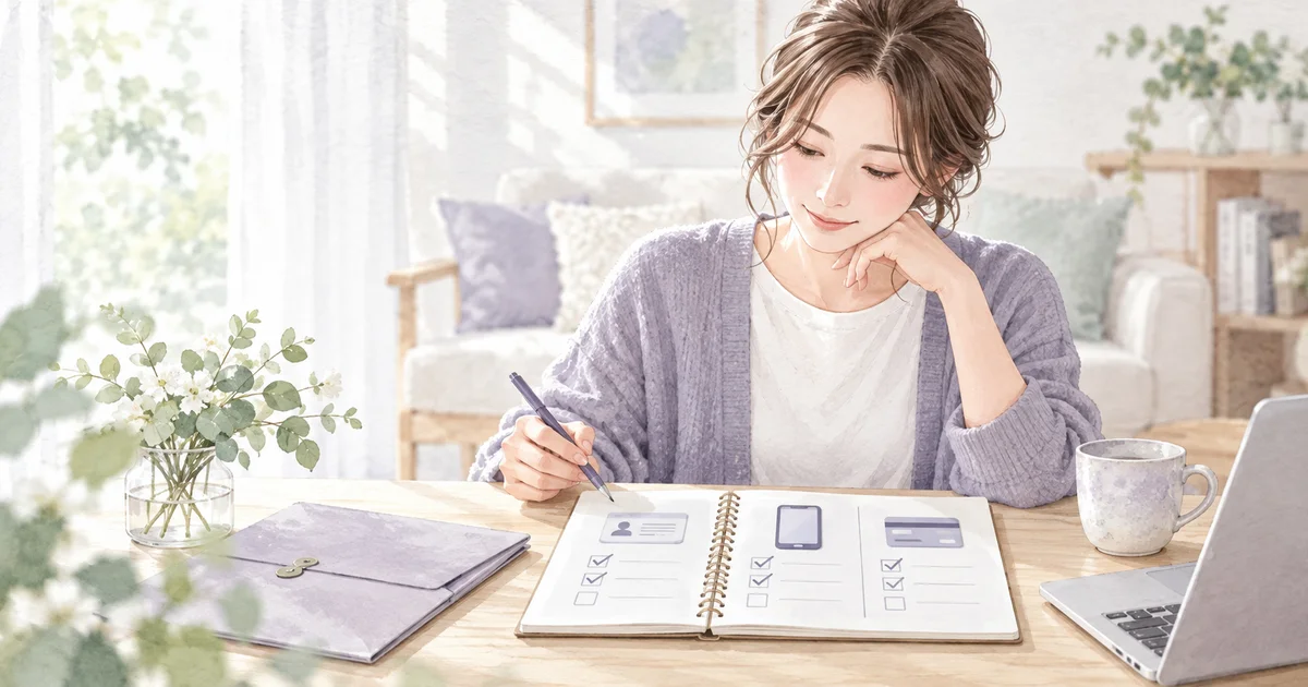 スマートフォンと本人確認・受取口座の準備項目をノートで確認するイラスト