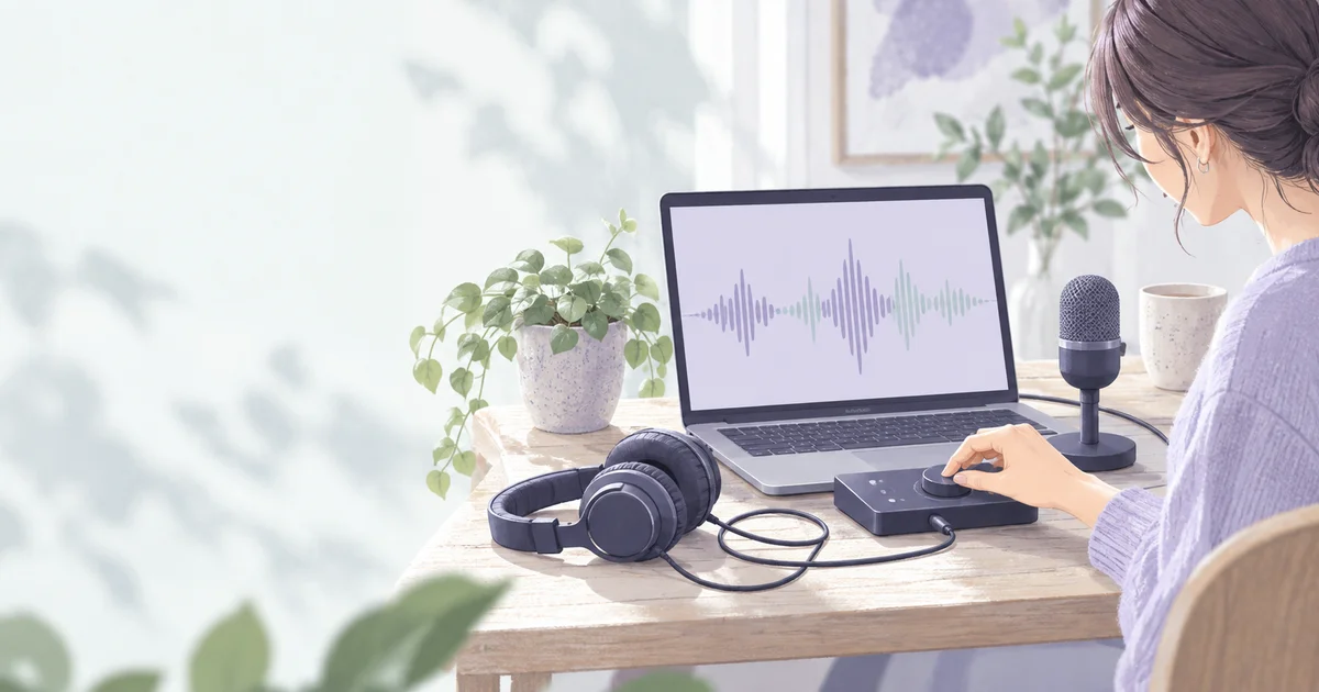 ノートパソコンと有線ヘッドセットを置き音声設定を確認する机のイラスト