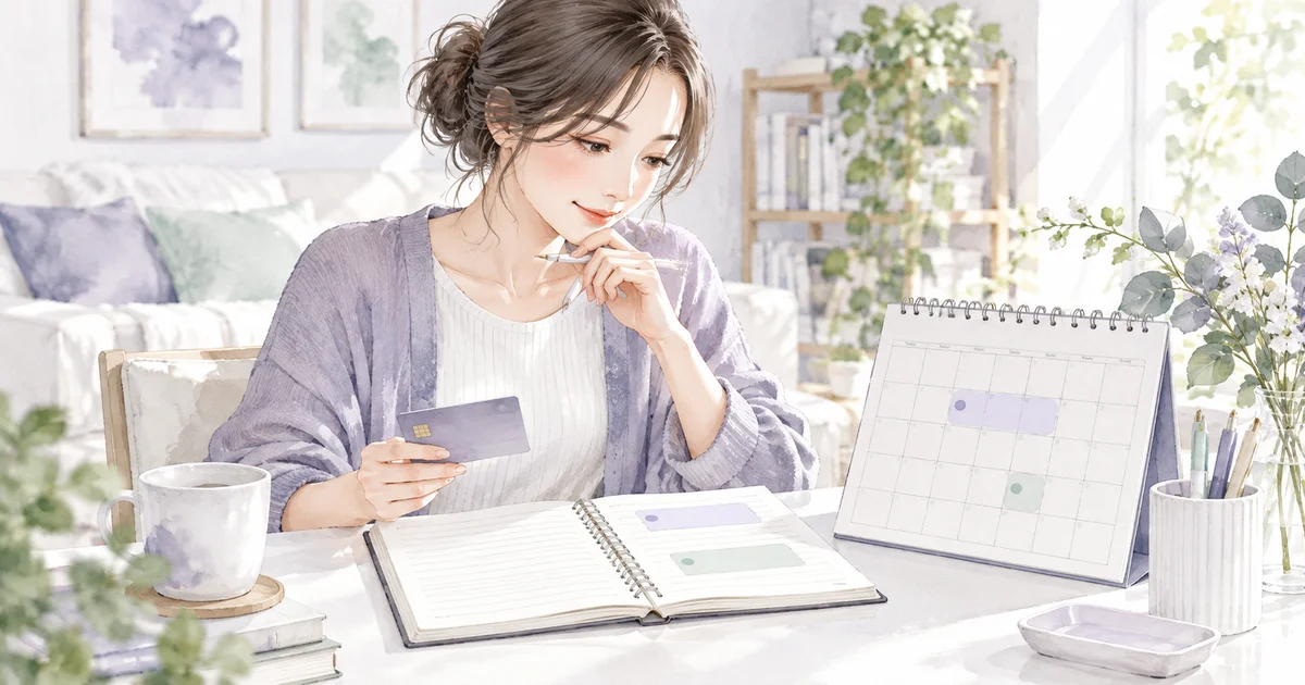 カレンダーと受取先のカードで報酬の期間と入金日を整理するイラスト