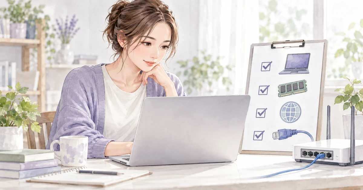 パソコンと有線接続の回線条件をチェックする女性のイラスト