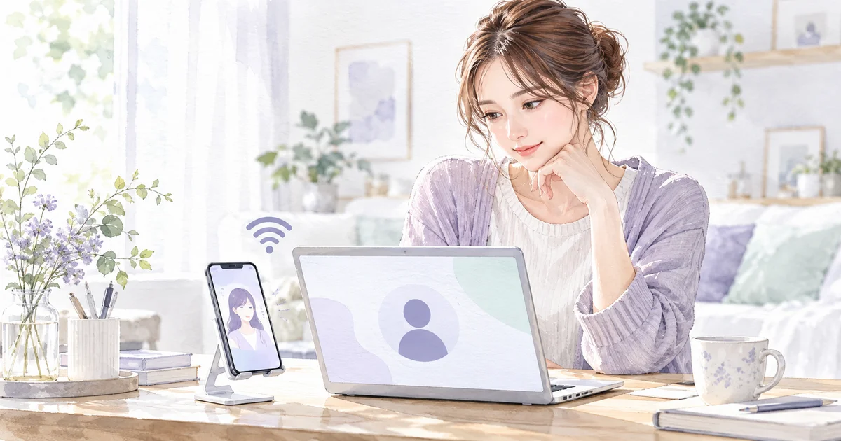 スマートフォンとパソコンで異なるアバターの配信準備を確認するイラスト