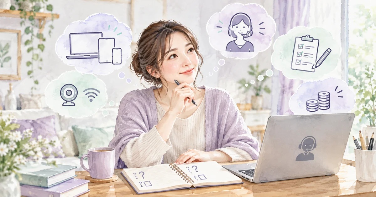 端末、活動、精算についての質問メモを準備する女性のイラスト