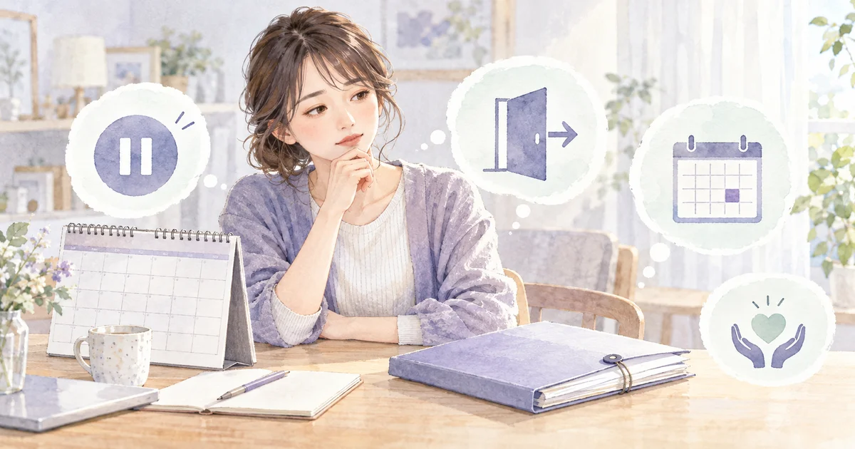 カレンダーと書類で活動停止と契約終了の違いを確認する女性のイラスト