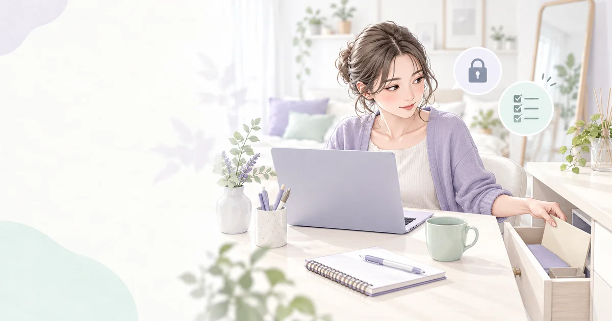 配信前に背景や個人情報を確認する女性のイラスト