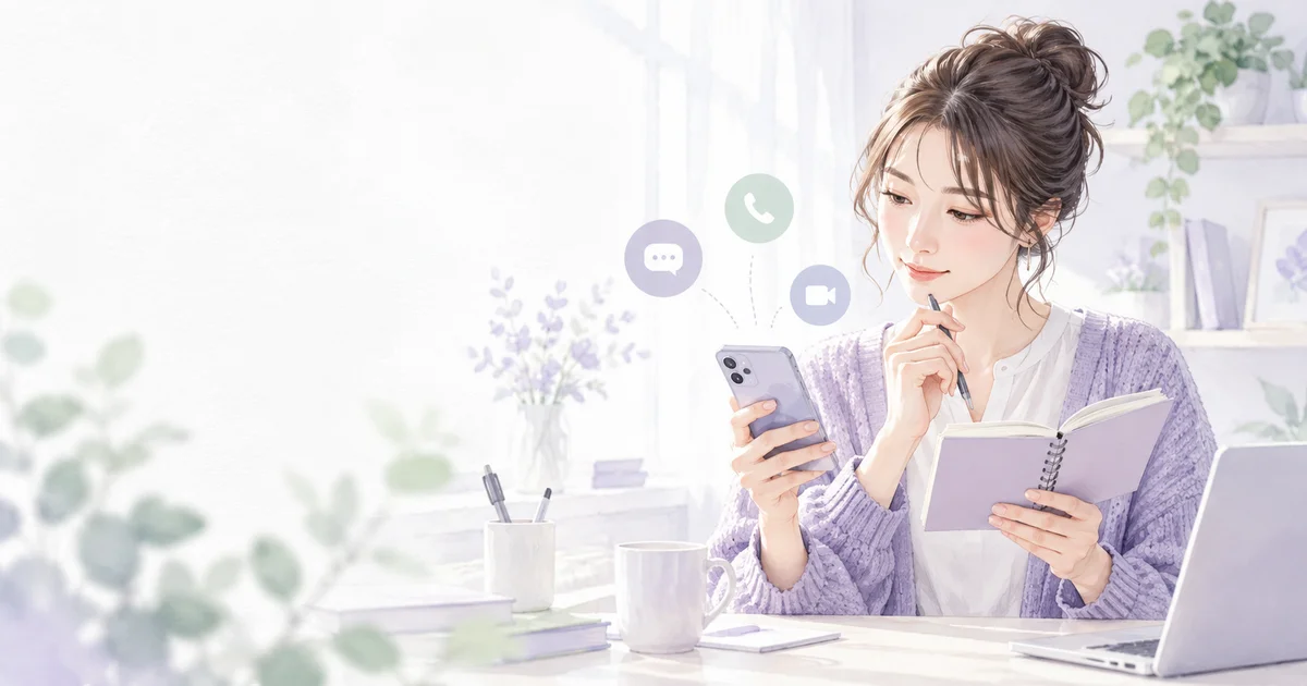 スマートフォンとノートでチャットの活動方法を確認する女性のイラスト