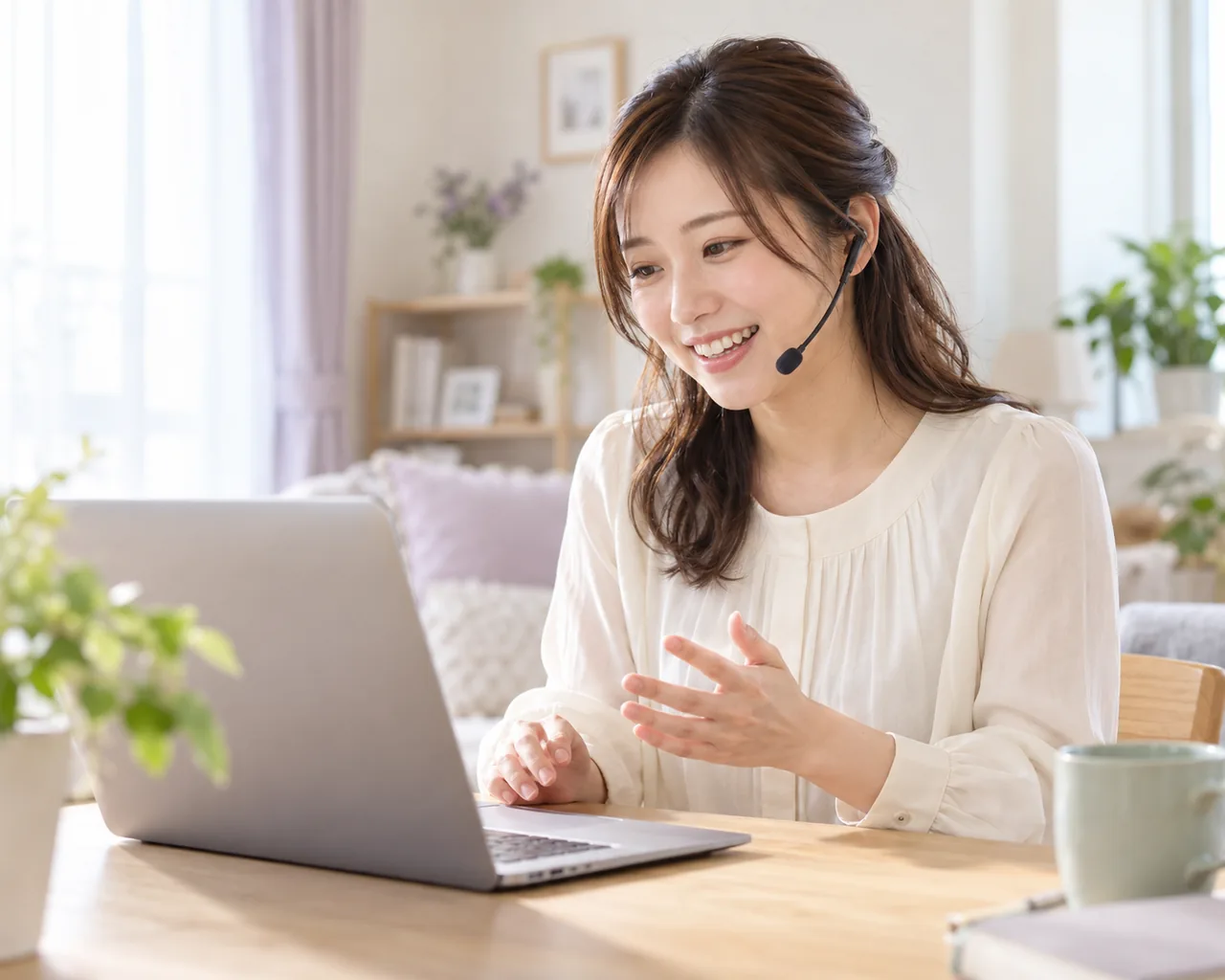 明るい部屋でヘッドセットを着け、パソコンに向かって穏やかに話す成人女性のイメージ